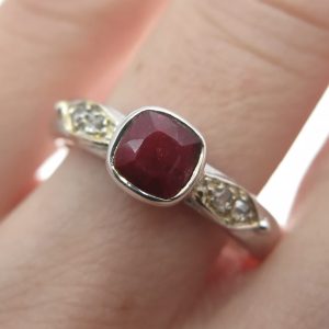 925 Sterling Silver Two-Tone Ruby & Diamond Ring – Cushion-Cut Center - Size 7.75