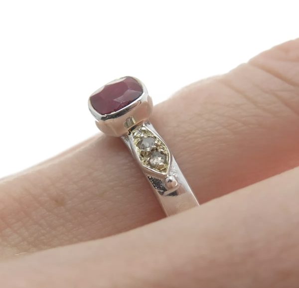 925 Sterling Silver Two-Tone Ruby & Diamond Ring – Cushion-Cut Center - Size 7.75 - Image 2
