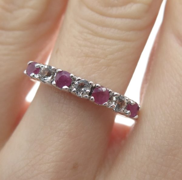 Sterling Silver Ruby & White Topaz Half Eternity Band – Size 9 - Image 2
