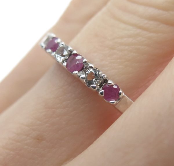 Sterling Silver Ruby & White Topaz Half Eternity Band – Size 9