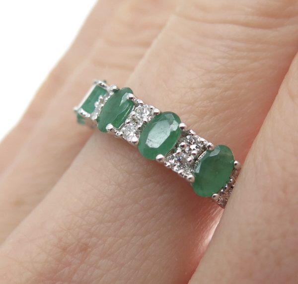 Sterling Silver Emerald & Diamond Accent Band – Oval-Cut Stones (Size 7)