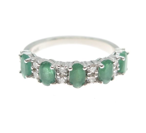 Sterling Silver Emerald & Diamond Accent Band – Oval-Cut Stones (Size 7) - Image 2