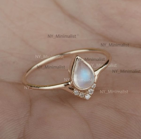 14K Yellow Gold Rainbow Moonstone & Diamond Cluster Ring – Pear Cut Fine Jewelry - Image 9