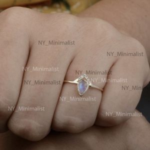 14K Yellow Gold Rainbow Moonstone & Diamond Cluster Ring – Pear Cut Fine Jewelry
