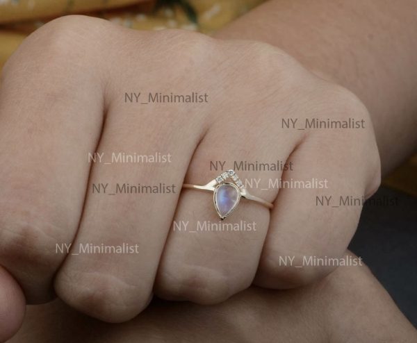 14K Yellow Gold Rainbow Moonstone & Diamond Cluster Ring – Pear Cut Fine Jewelry