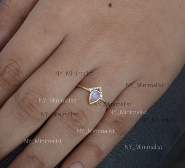 14K Yellow Gold Rainbow Moonstone & Diamond Cluster Ring – Pear Cut Fine Jewelry - Image 3