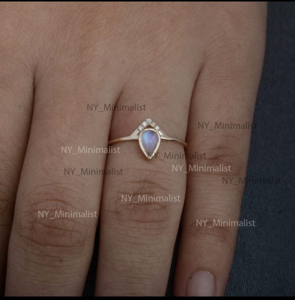 14K Yellow Gold Rainbow Moonstone & Diamond Cluster Ring – Pear Cut Fine Jewelry - Image 2